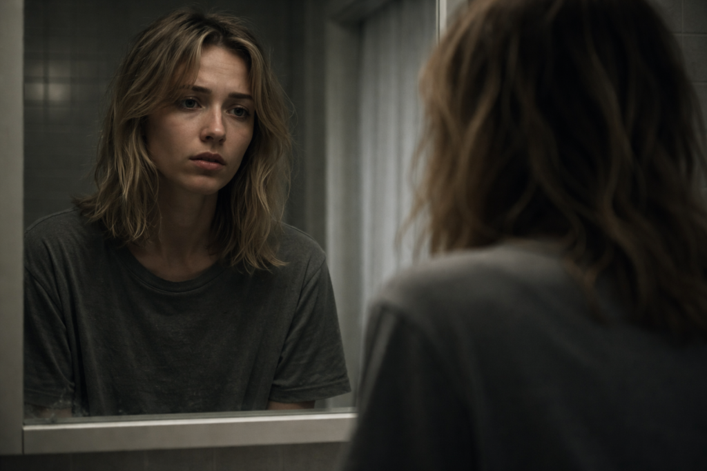person looking at reflection representing loss of self from signs of narcissistic gaslighting in a relationship