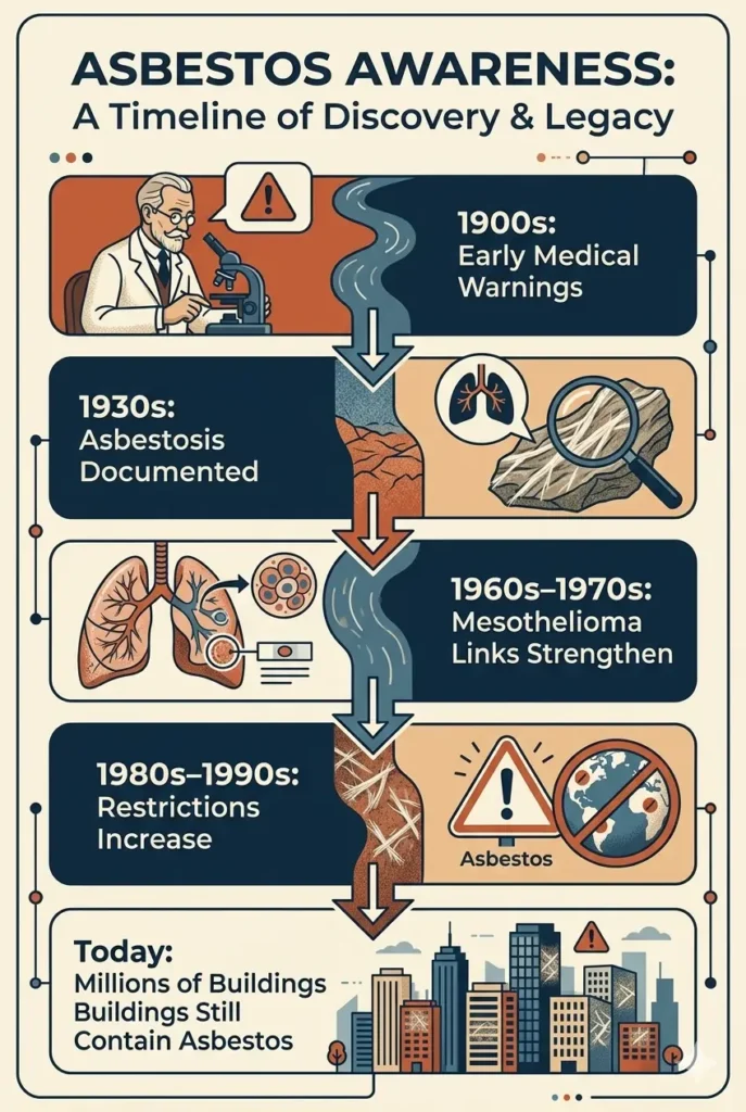 Timeline showing how asbestos became a major public health disaster from early warnings to modern awareness