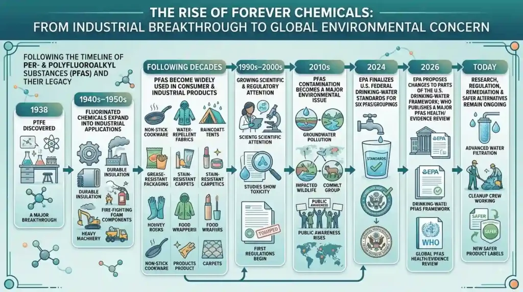 Timeline showing the development, widespread use, regulation and ongoing research of PFAS from 1938 to 2026