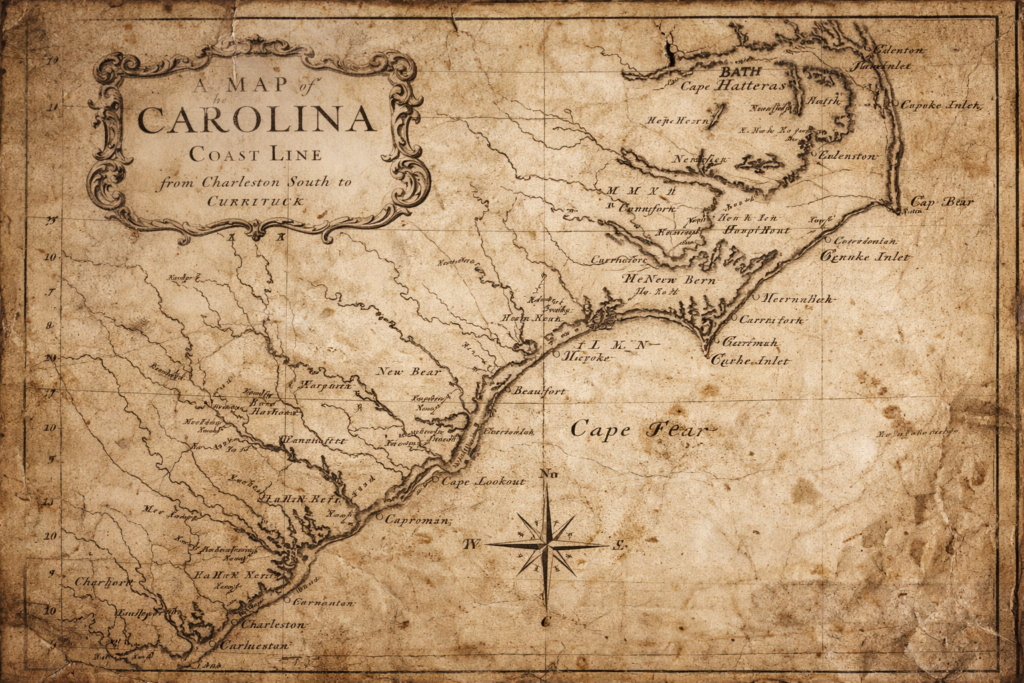  colonial era map showing the Roanoke Colony location where 118 people vanished