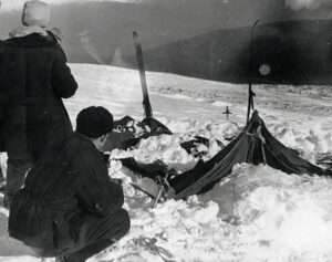 search party examining the collapsed Dyatlov Pass incident tent found in February 1959