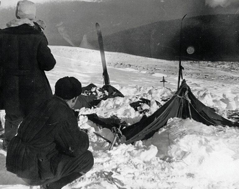 search party examining the collapsed Dyatlov Pass incident tent found in February 1959
