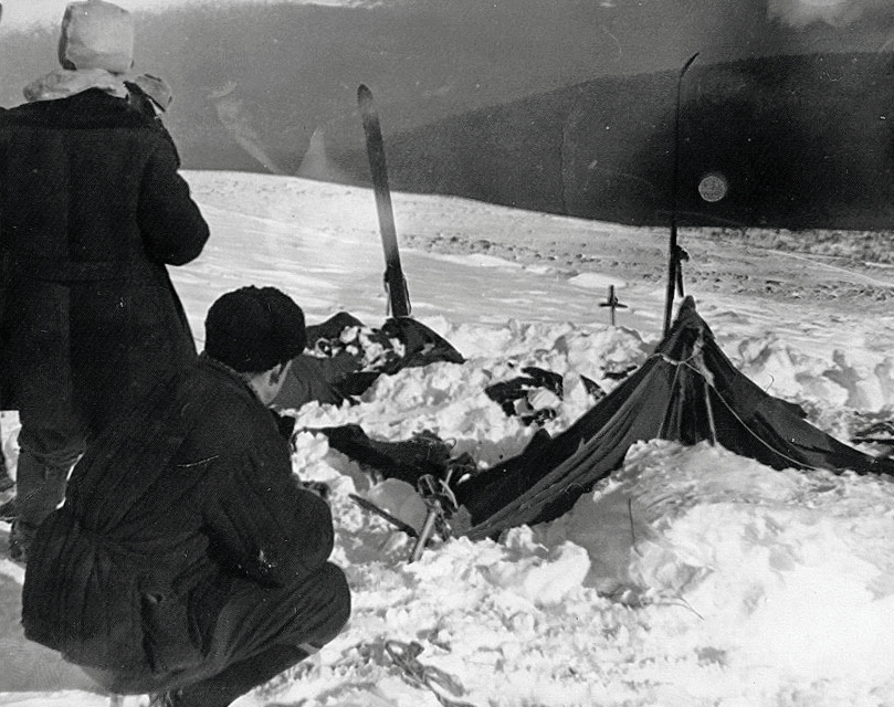 search party examining the collapsed Dyatlov Pass incident tent found in February 1959