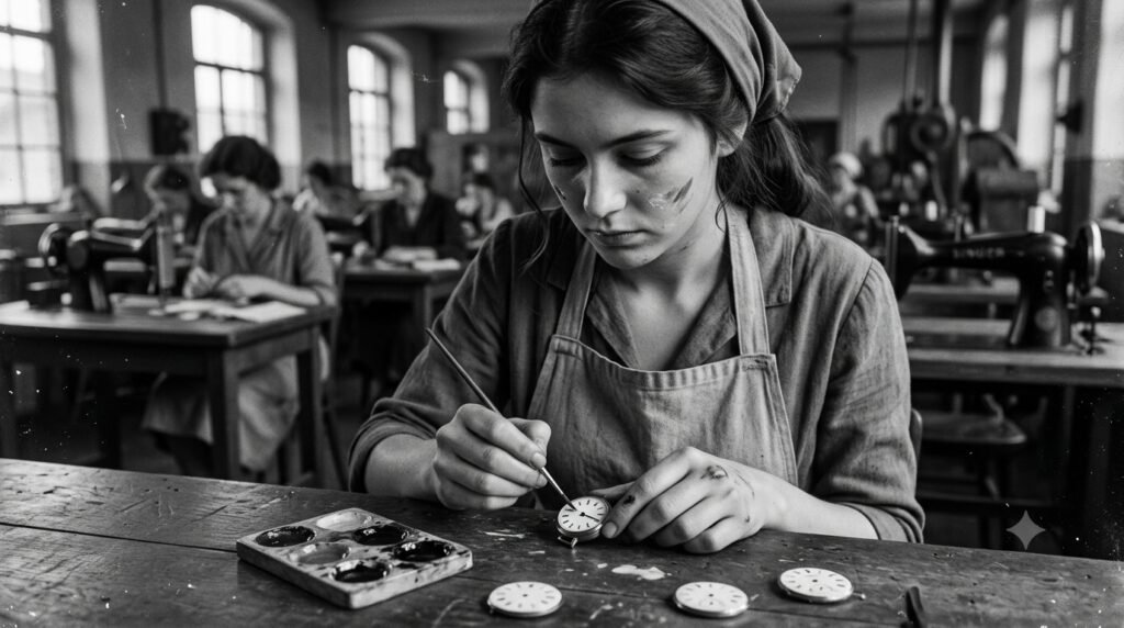 Young woman painting luminous watch dials with radium paint in an early twentieth-century factory.