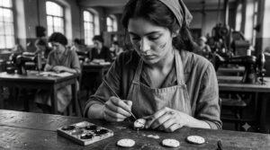 Young woman painting luminous watch dials with radium paint in an early twentieth-century factory.