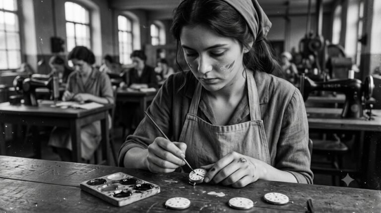 Young woman painting luminous watch dials with radium paint in an early twentieth-century factory.