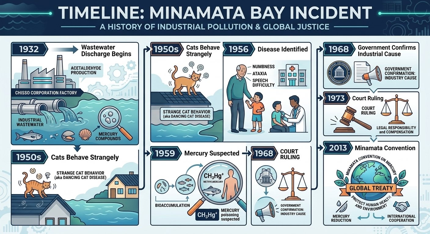 Timeline infographic showing the major events of the Minamata disease disaster, from industrial mercury pollution in the 1930s to global environmental reforms and the Minamata Convention.