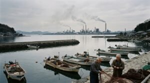 Fishing boats near Minamata Bay with an industrial facility in the background
