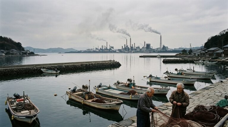 Fishing boats near Minamata Bay with an industrial facility in the background
