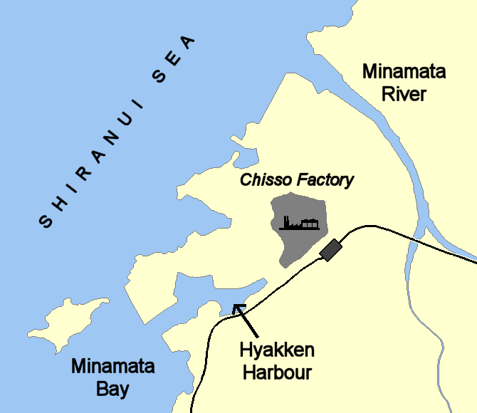 Map showing the Chisso factory, Minamata Bay, and wastewater discharge routes in Japan.